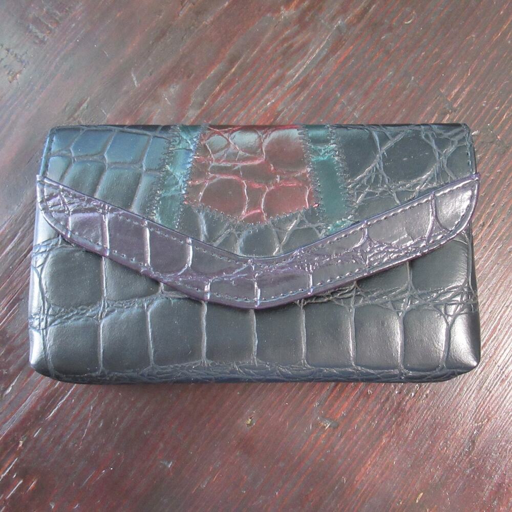 Vtg Cosmetic Makeup Bag Croc Embossed Faux Leather Multicolor Mirror Pouch